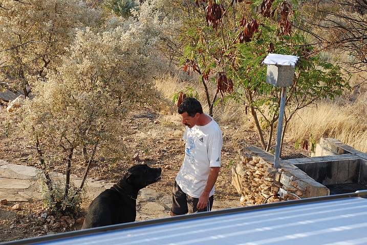 Thomas steht zwischen einer schwarzen Dogge und unserem Biltong, das zum Trocknen auf einem Laternenpfosten ist