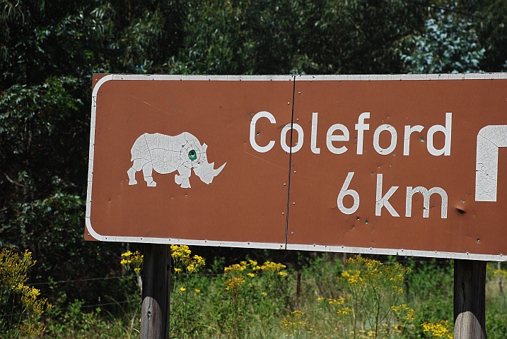 Nashorn auf Strassenwegweiser mit Einschussloch