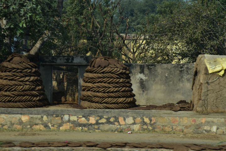 Am Strassenrand zur Trocknung aufgestapelte Dungziegel