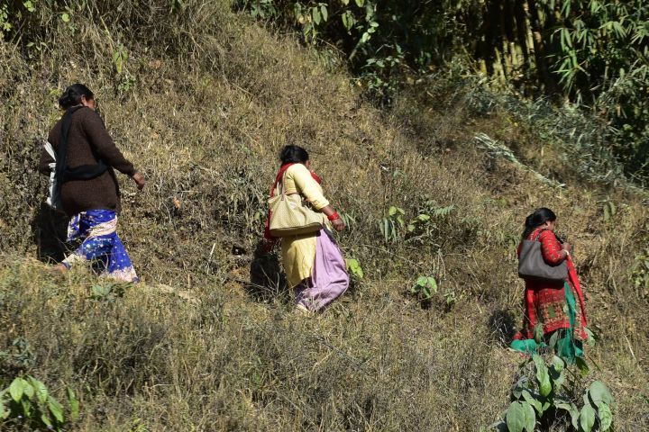 Drei Frauen unterwegs auf einem steilen Fussweg