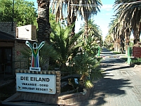 Eingang zum Campground in Upington mit der angeblich längsten Palmenalle in Südafrika dahinter